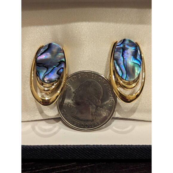 Ariki 22 Carat Gold Plate Genuine New Zealand Paua Shell Clip Earrings - Picture 5 of 6